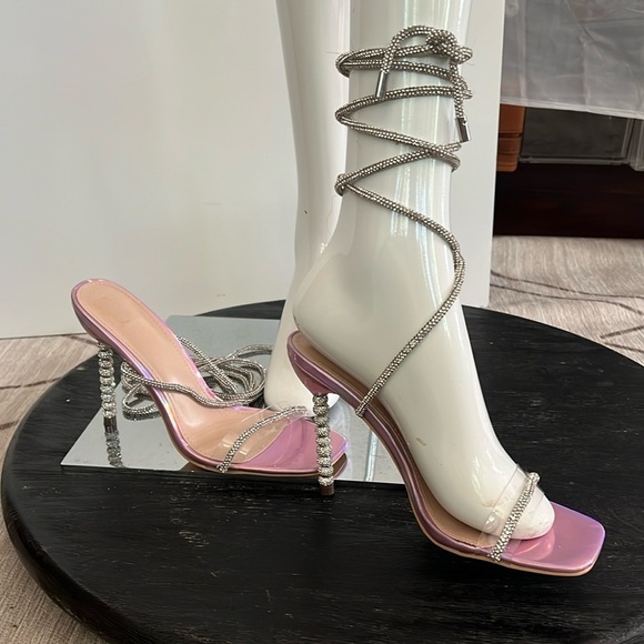 Wrap Around Sz 7.5 Soft Crystal Embossed Wraparound Pink Purple Metallic Heels - Picture 2 of 16